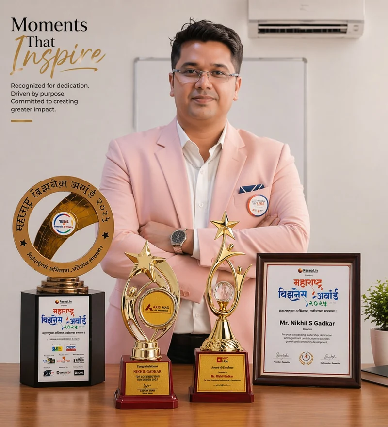 Nikhil Gadkarr with the Maharashtra Business Award 2025 trophy and certificate, an Axis Max Life top-contribution award and an HDFC Life Award of Excellence